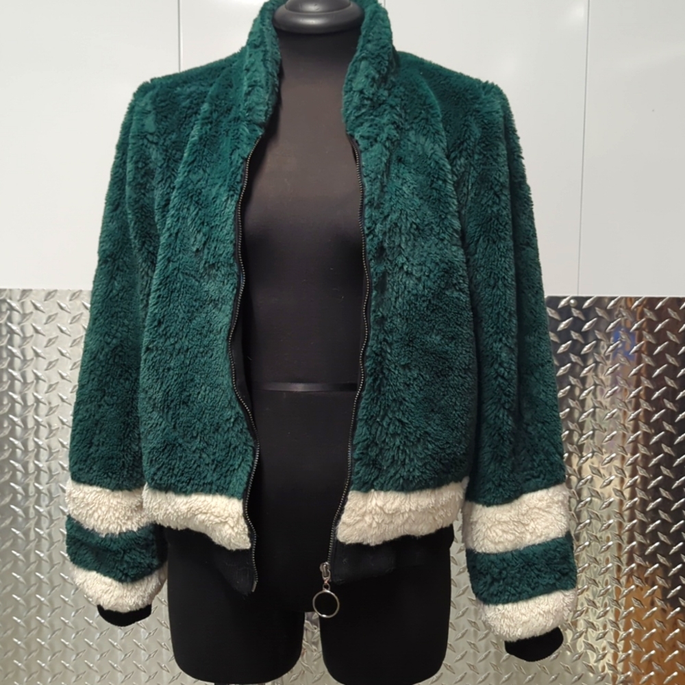 Mustard Seed green and white faux fur jacket